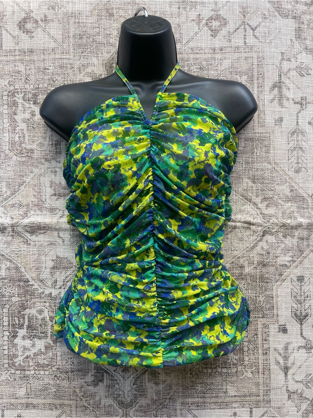 Ganni Neon Yellow Floral-Trim Halter Top